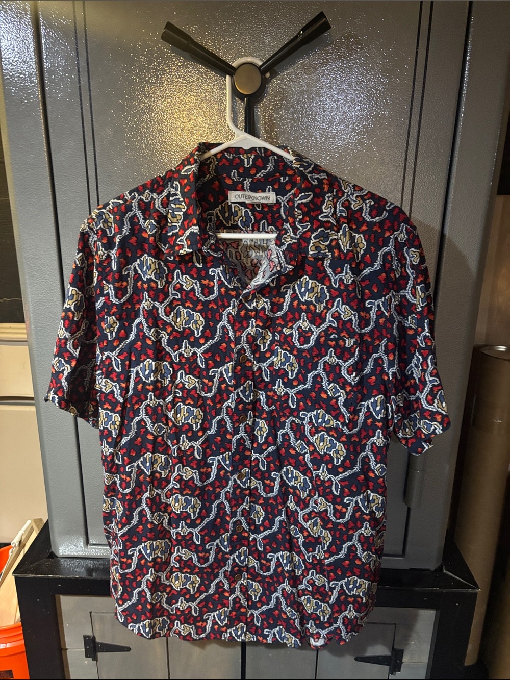Outerknown Short-Sleeve Button-Down Shirt in Red, Navy & Cream Pattern
